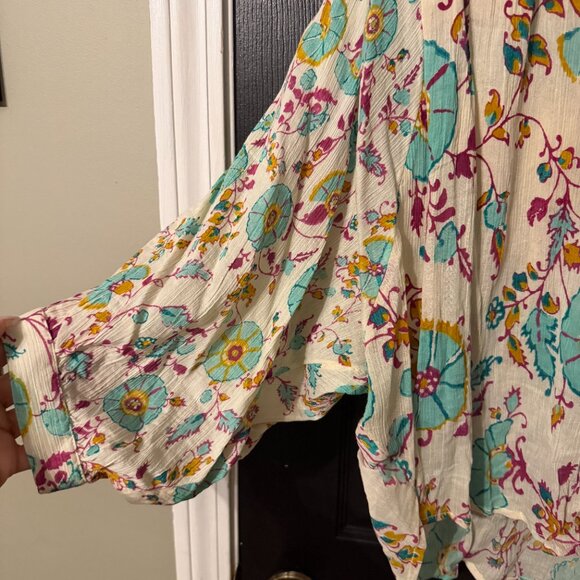 Womens Oversized Floral Pattern Blouse Teal Orange Cream Balloon Sleeves Small - Picture 3 of 5